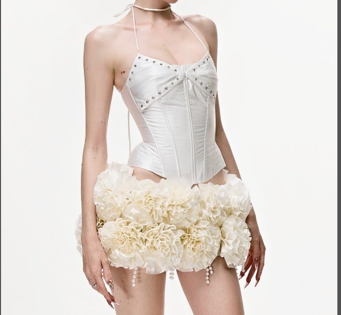 Short Top Length 3D Flower Design Satin Sleeveless Fringe Mini Dress Set for Women Satin Fabric Sexy Nightclub Style