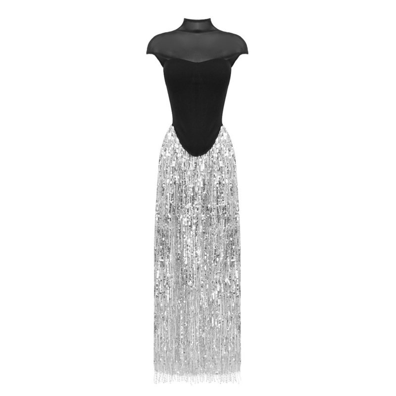 SS2386 Women's Summer Fashion Two-Piece Set Sleeveless Mesh Top and Fringe Skirt with Tassel Detail in Shiny Satin Fabric
