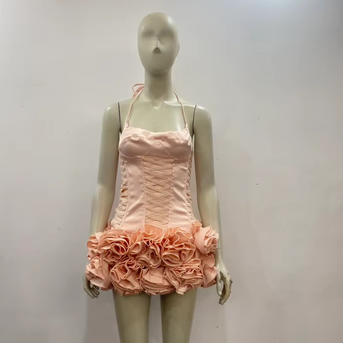 SS2385 Kimshein Women's Fashion Satin Suit Sleeveless Mini Dress Set 3D Flower Two-piece Set Now 240g Fabric Weight
