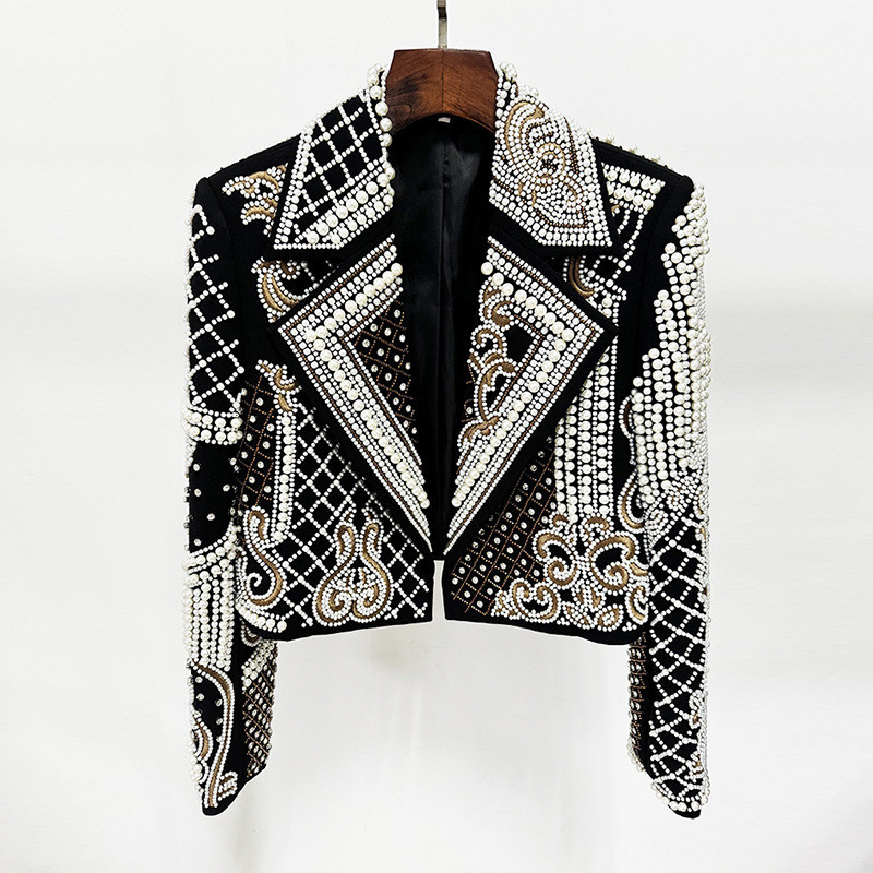 BA2352 Kimshein Women's Fashion Luxurious Beaded Sport Jacket Elegant Crystal Short Jacket Full Sleeve Woven Method