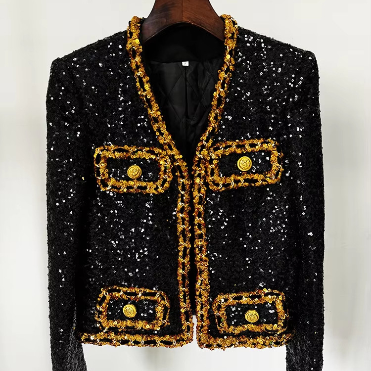 None Decorated BA2309 Kimshein Shiny Long Sleeve Sport Jacket for Women Elegant and Sparkling Sequin Party Outfit