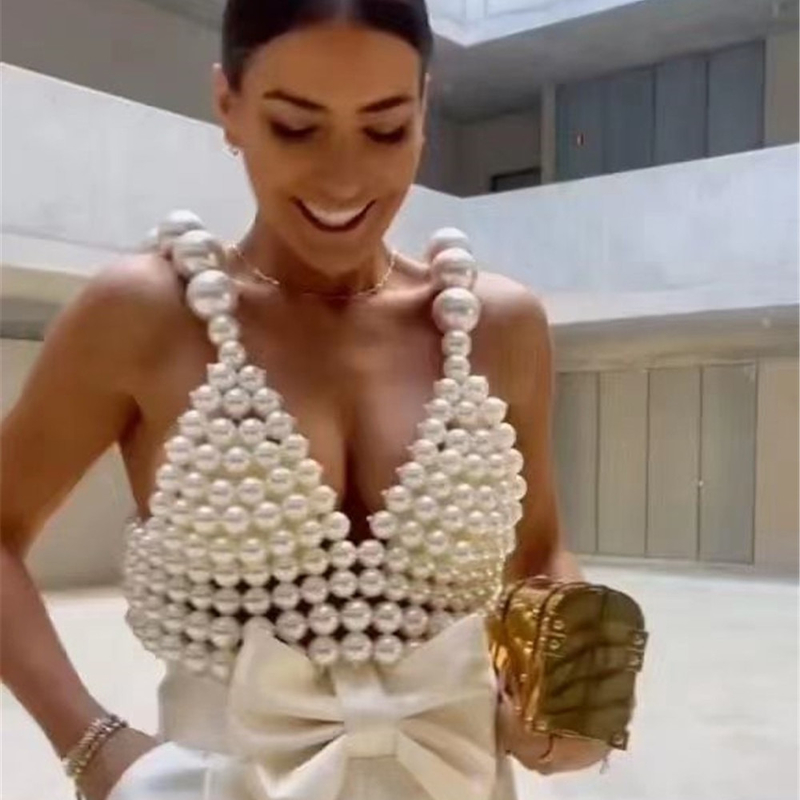 2023 Summer Fashion Women's Beachwear Satin Fabric Beaded Luxurious Vest Top Made in with 7 Days Fast Sampling Support