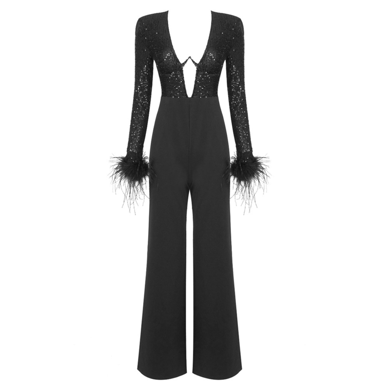 7-Day Fast Sampling JB2249 Kimshein Fashion Women's Party Evening Dress V-Neck Feather Sequin Jumpsuit