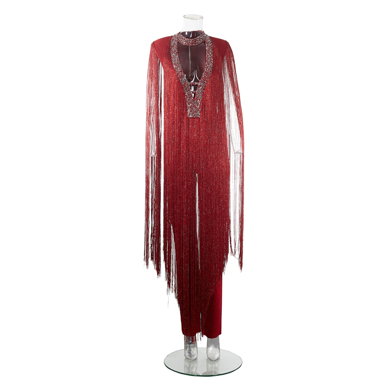 None Craft Summer Women's Red 3D Sexy Jumpsuit for Fitness Club Maxi Fringe Bodysuit for Parties Tight Bodysuit