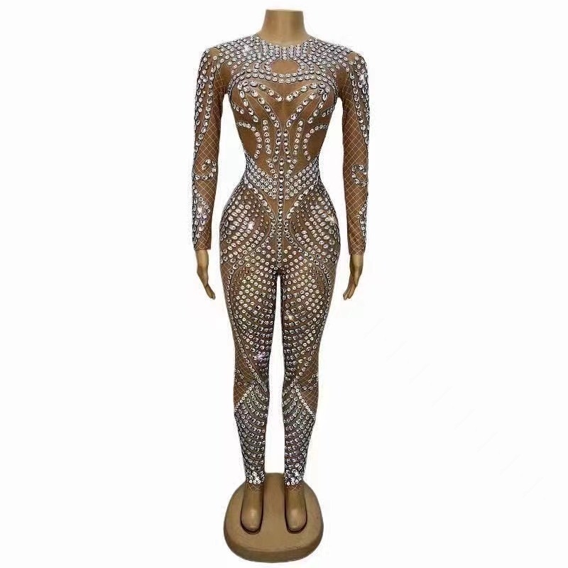Custom Logo AD1661 Feminine and Sophisticated Women's Long Sleeve Dance Party Jumpsuit with Sparkling Diamonds