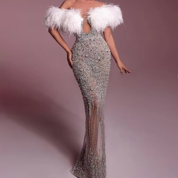 ED2759 Feathered Ball Elegant Pearl and Crystal Off-Shoulder Evening Gown with Exquisite Feather Embellishments