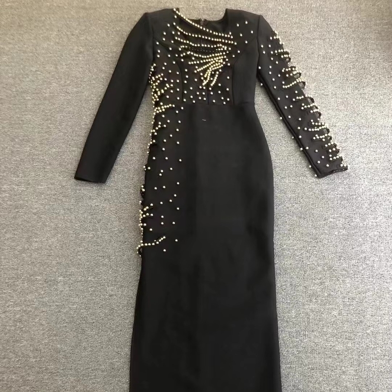 LS2649 Black Luxurious Pearl Embellished Bandage Dress for Women in Spring and Autumn Elegant Celebrity Tight Party Dress