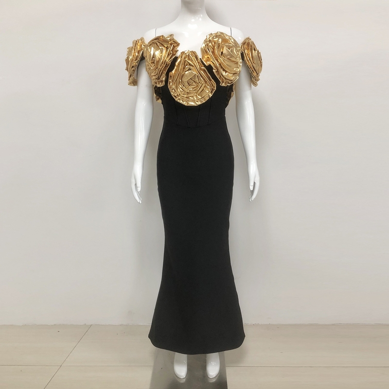 SB3443 Luxurious Gold 3D Handmade Floral Maxi Dress for Summer Fashion Party Bandage and Breathability Black Evening Gown