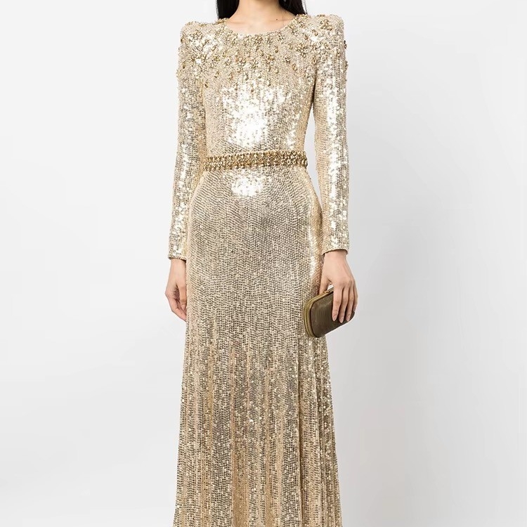 LS2659 Shiny Gold Crystal Sequin Dress Long Sleeve Tight Dress for Birthday Party Fashion Dress Pure Color No Train No Tail