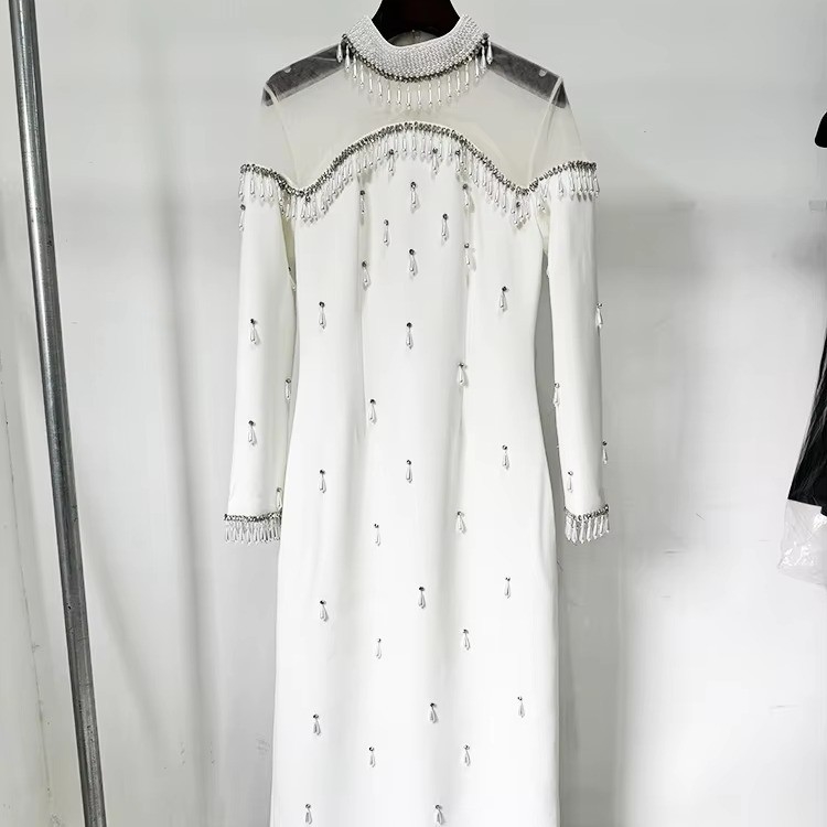 LS2657 Satin Fabric Long Sleeve Sexy Women's Luxury Dress with Regular Sleeves and Elegant Pearl Diamond