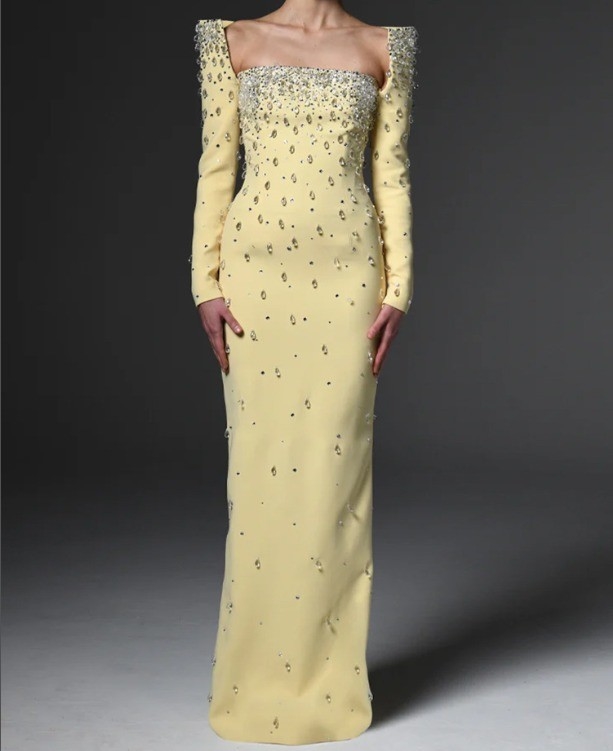 LS2656 Women's Casual Dress Solid Square Neck Long Sleeve Crystal Party Luxurious Dress Elegant for Ladies Custom Logo