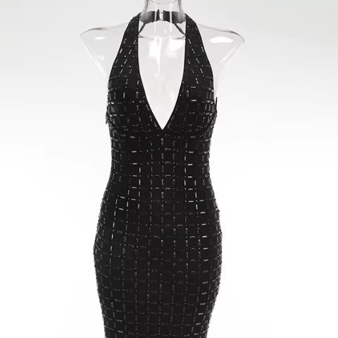 SB3452 Upgrade Your Summer Nights with this Must-Have Black Mesh Maxi Dress featuring Deep V Neck and Sleeveless Design