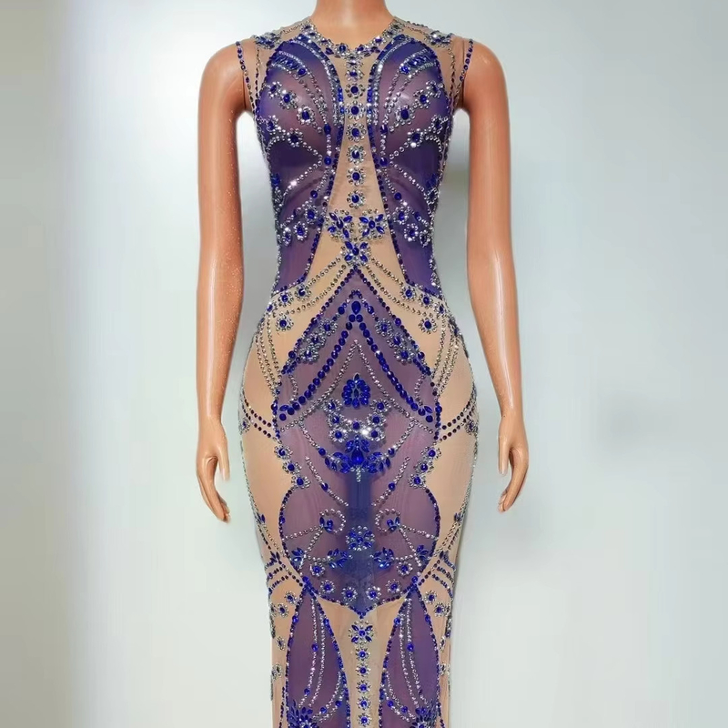 AD2470 Fashionable Mesh Rhinestone Beaded Dress for Women's Party Maxi Dress Single Shoulder Collar Luxurious and Elegant