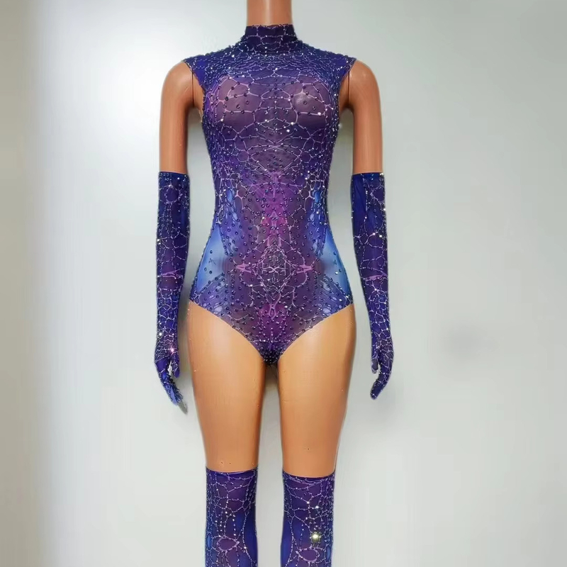 Summer 2021 Women's Purple Jumpsuit Luxurious Bodycon Fit with High Neck and Beaded Embellishments Plus Matching Socks