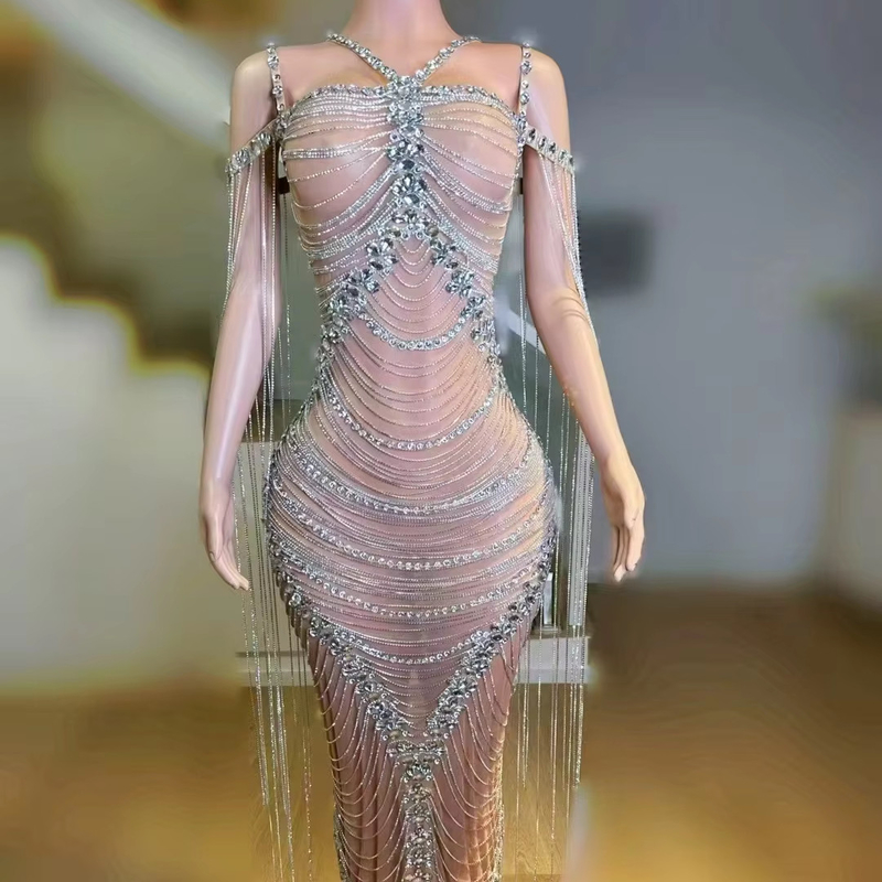 Sleeveless Crystal Decorated Dress for AD2467 A Stunning Addition to Your Evening Party Performance Nightclub Stage Look
