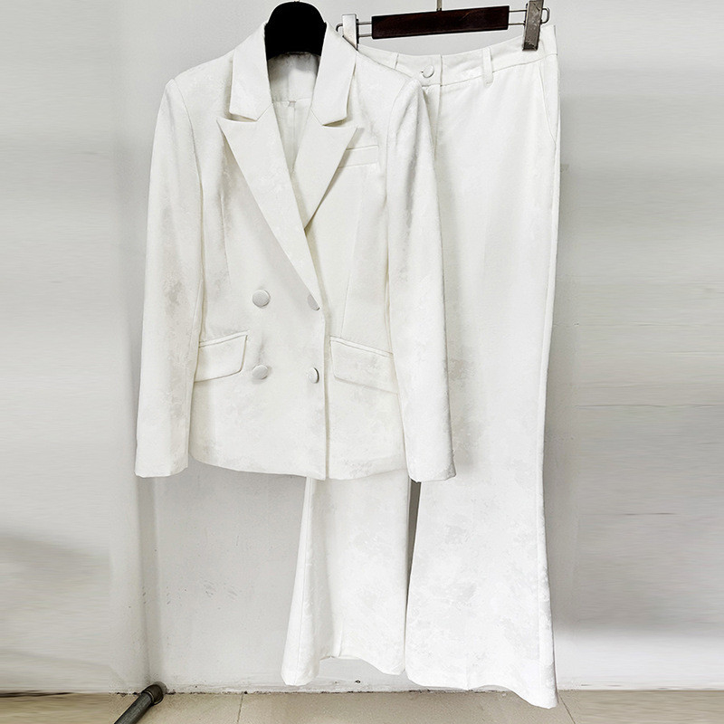 White Elegant Women's Suit Pants Set for Office V-neck Formal Fashion Clothing in Woven Method and Full Sleeve SR2399