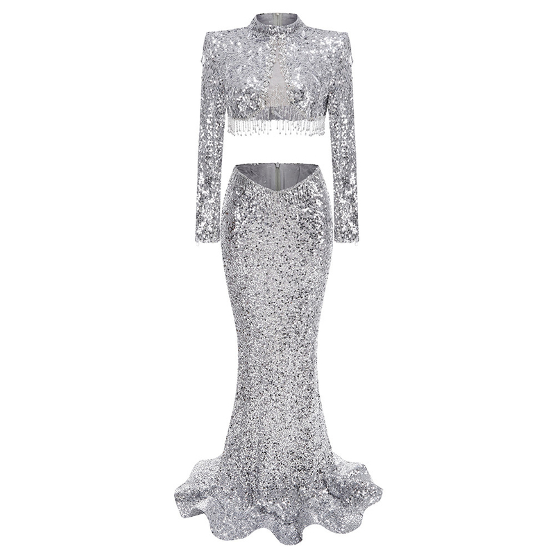 Shine Bright in SR2395 Women's 2-Piece Long Suit Set for Spring/Summer Featuring Glittering Sequins and Flowing Fringe