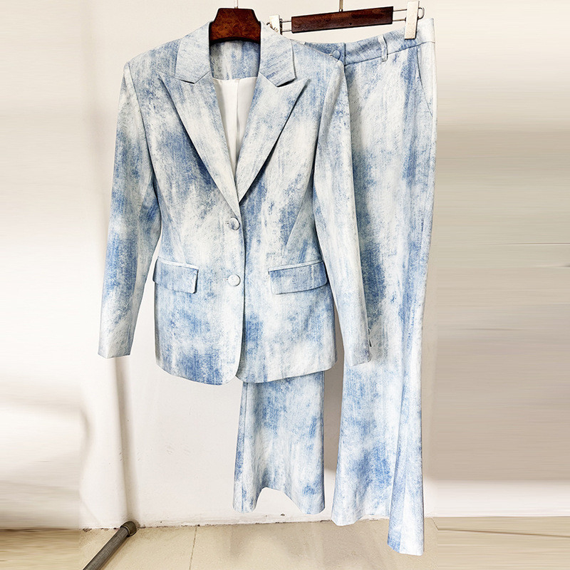 SR2390 Kimshein Women's 2-Piece Long Pants Suit Set Short Top Length Fashionable Printing Suit Jacket and Trousers for Women