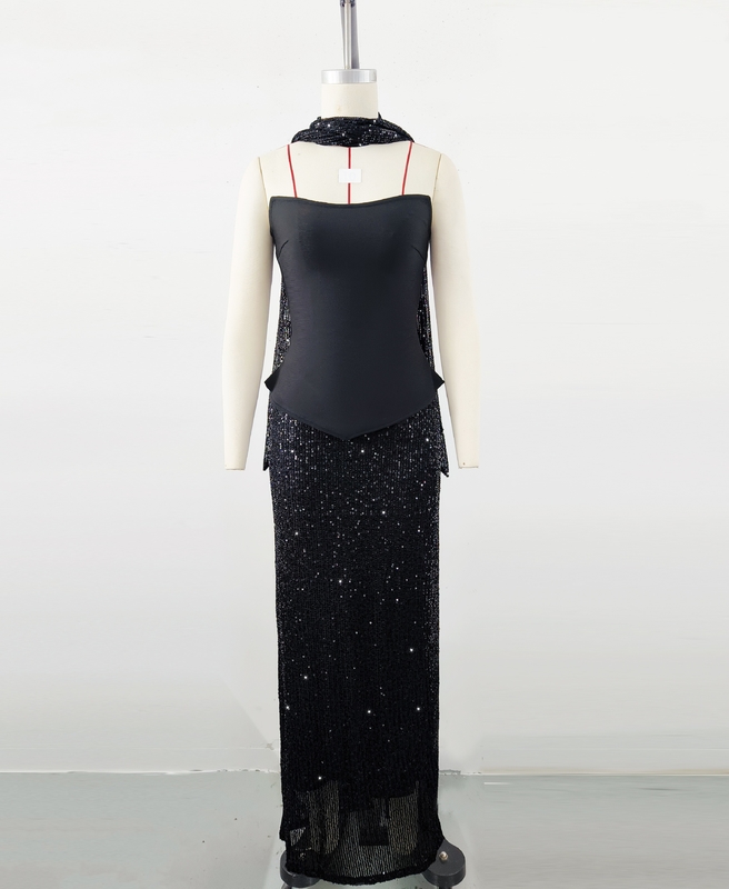 SS2381 Kimshein Fashion Women's Scarf Dress Strapless Set with Sequin Party Bandage Two-Piece Made of Spandex/Polyester
