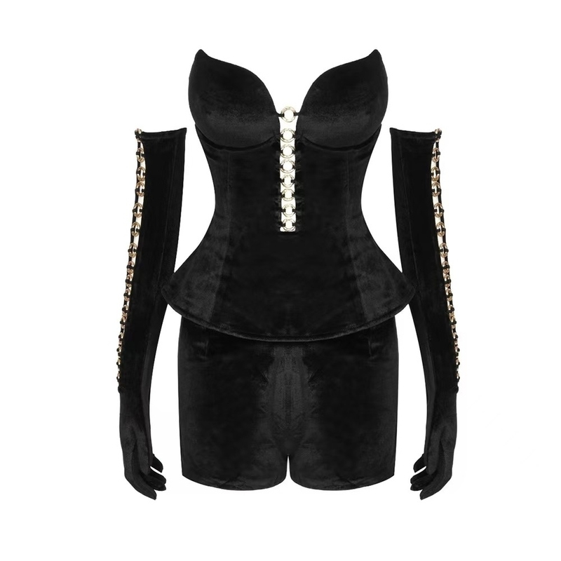 SS2379 Summer 2-Piece Short Set with Knee-Length Sexy Velvet Top and Shorts in Fashionable Design