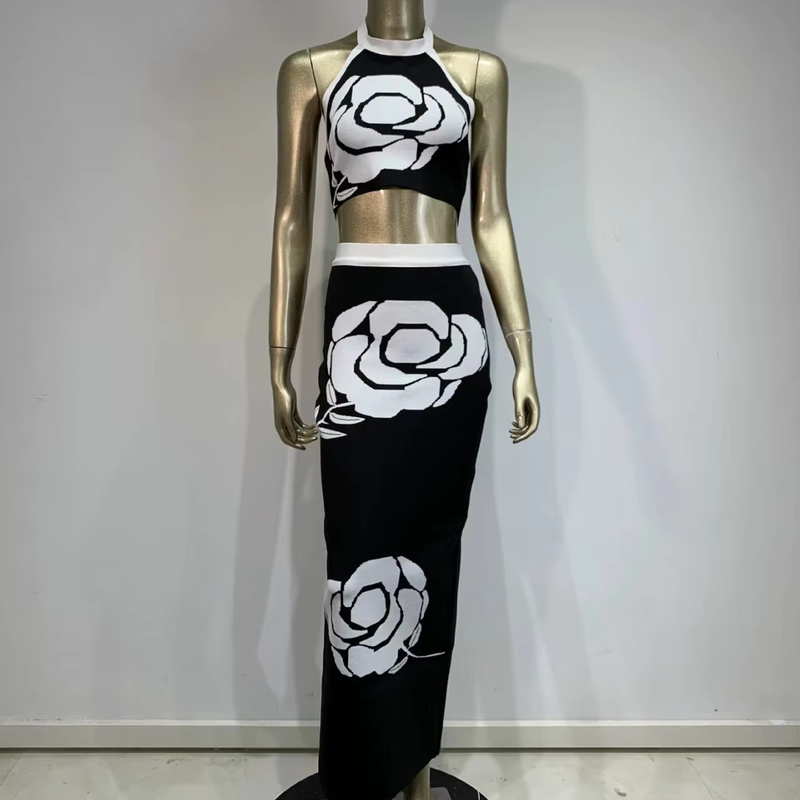 Made SS2374 Fashion Tight-fitting Bandage Two-piece Black Floral Sexy Top and Long Skirt Summer Set with Woven Method