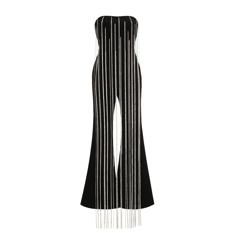 JB2276 -Made Sexy Maxi Fringe Jumpsuit Strapless and Tight Bodysuit for Women's Party Look in 's Cotton/Polyester Fabric