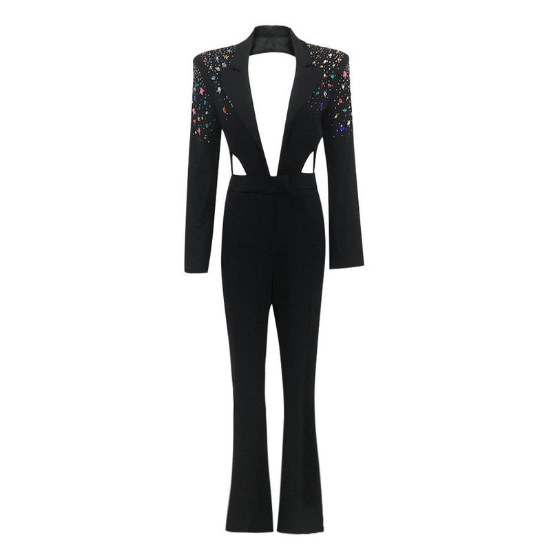 JB2271 Spring Collection Long Sleeve Jumpsuit with Deep V-Neck and Crystal Embellishments Effortlessly Stylish