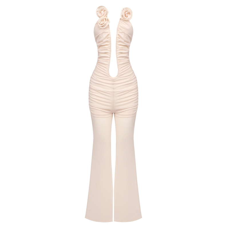 JB2273 Summer Women's Sexy Off-Shoulder Tight Dress with Solid Sleeveless Mesh See-Through Ruffle Edge Floral Jumpsuit