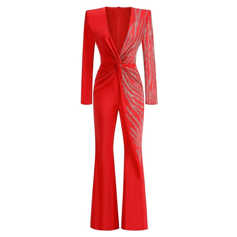 Autumn Women's Sexy V-Neck Casual Long-Sleeved Beaded Bodycon Jumpsuit with Beaded Accents and Pearl Detail