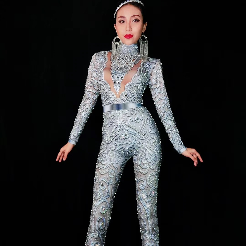 Custom Logo Accepted AD1680 Bodysuit for Women Full Length Tight Sexy Rhinestone Birthday Outfit