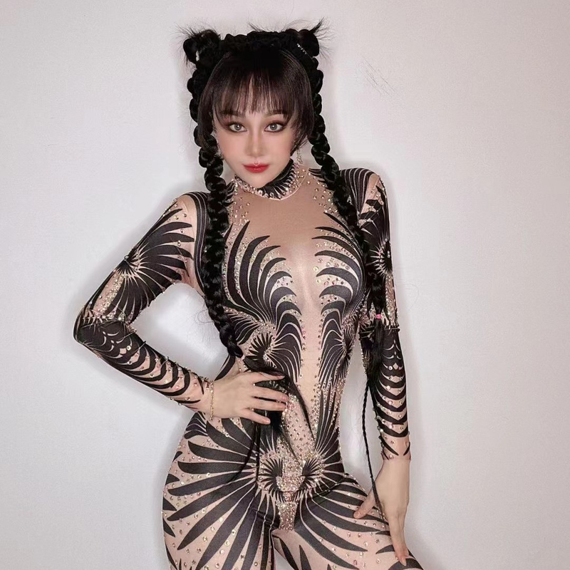 AD1645 Handmade Dress for Women Elastic Crystal Bodysuit Casual Wear Long Sleeve Free Size