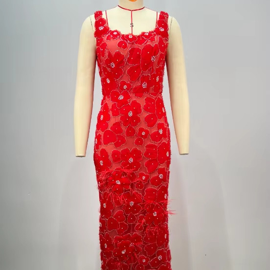 ED2755 Kimshein Elegant 3D Floral Party Dress with Square Neckline and Pearl Embellishments Hot Favorite