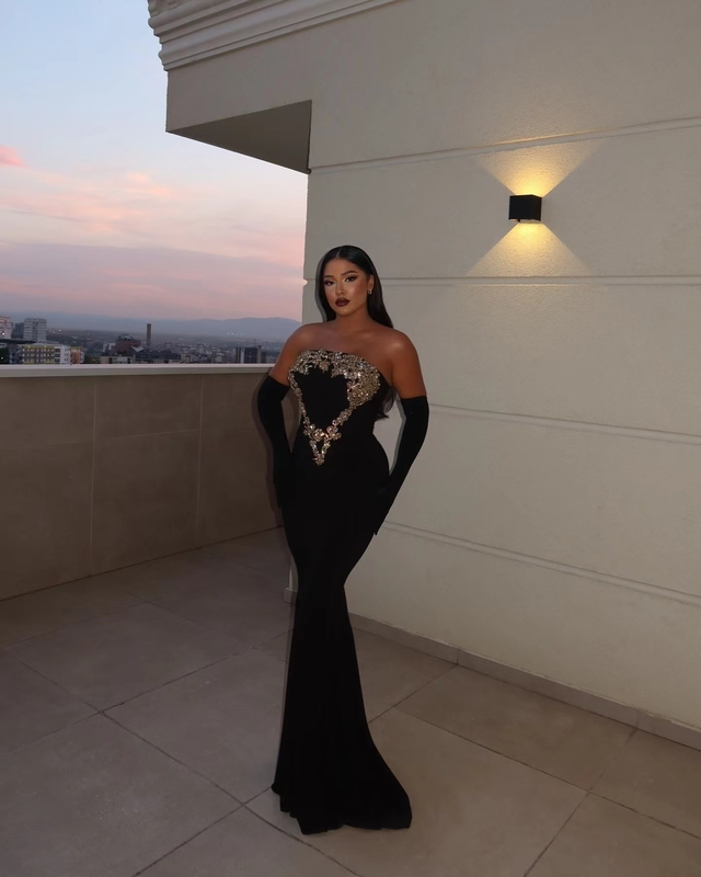 Elegant Off-Shoulder Beaded Sequin Evening Gown in Black Velvet with Natural Waistline and Straight Cut Skirt