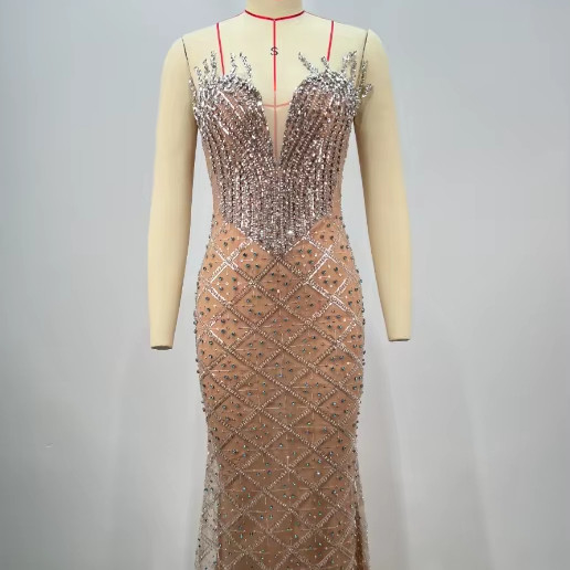220g Fabric Weight Crystal Evening Dress with Strapless Design and Water Diamond Embellishment Ready to Ship