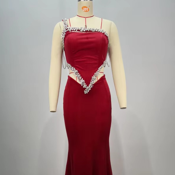 Kimshein ED2745 Women's Fashion Velvet Red Evening Dress Crystal Cutouts Mermaid for a Glamorous Party