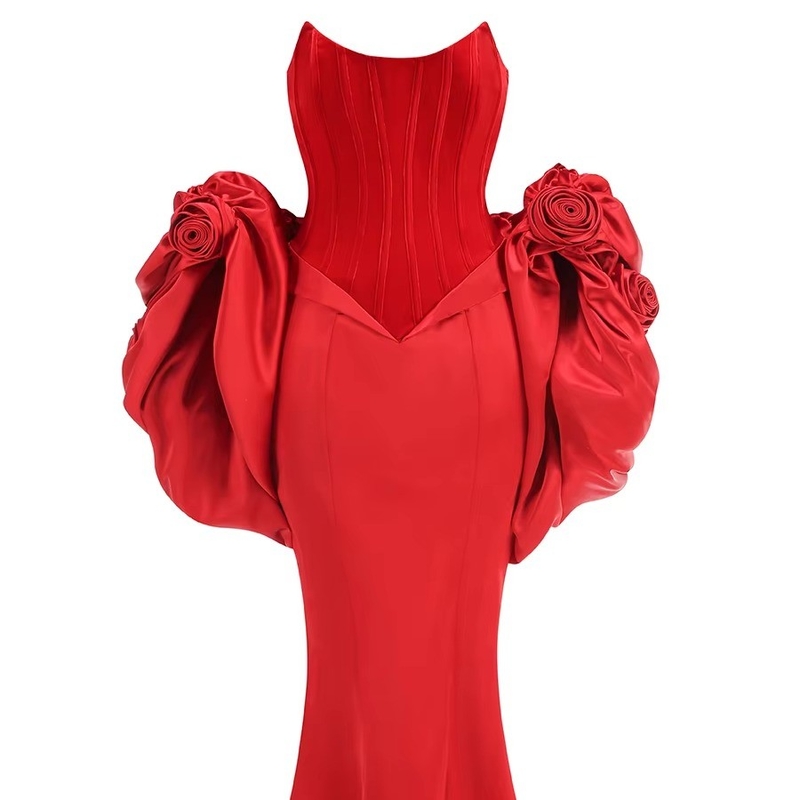 Kimshein Red 3D Floral Velvet Valentine's Day Dress with Tight Satin Dress and Luxurious Velvet Shawl from Guangdong
