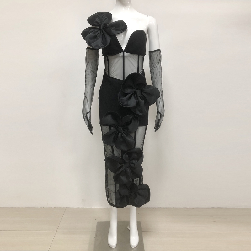 SB3432 Kimshein See Through Mesh Sexy Dress with 3D Floral Bandage Bodycon Midi Length Dress Made by Weaving Method