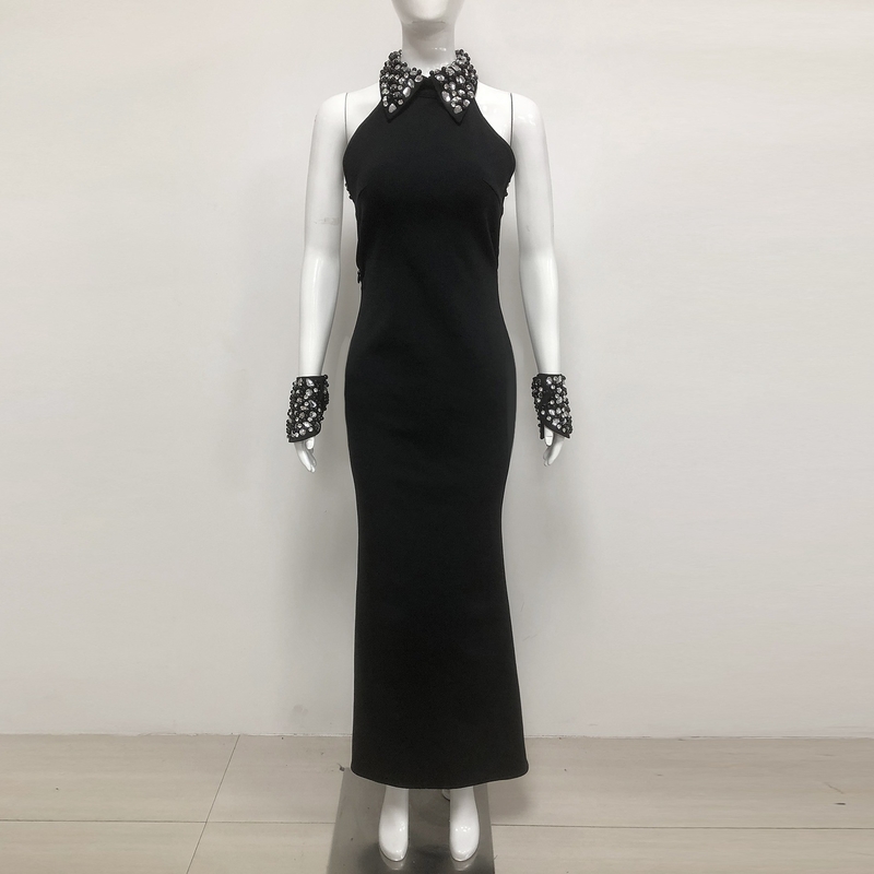 Kimshein Dry Clean Straight Knife Skirt Black Bandage Dress Nightclub Party Dress with Water Diamond Sleeveless Maxi Dress