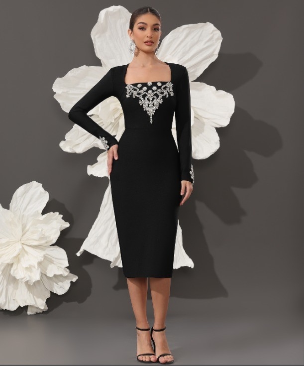 LS2645 Kimshein Black Crystal Long Sleeve Party Dress for Women Elegant Bandage Dress Stock and Ready to Ship Today