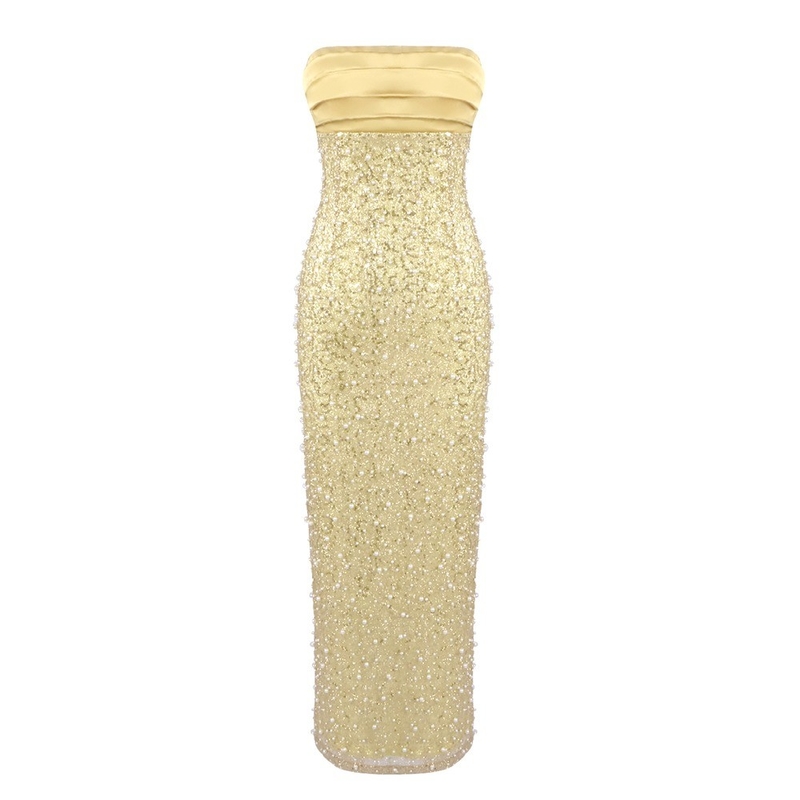 SB3449 Club Clothing Gold Sequin Off-Shoulder Sleeveless Maxi Dress Pearl Bodycon Party Dress for Chic and Trendy Look