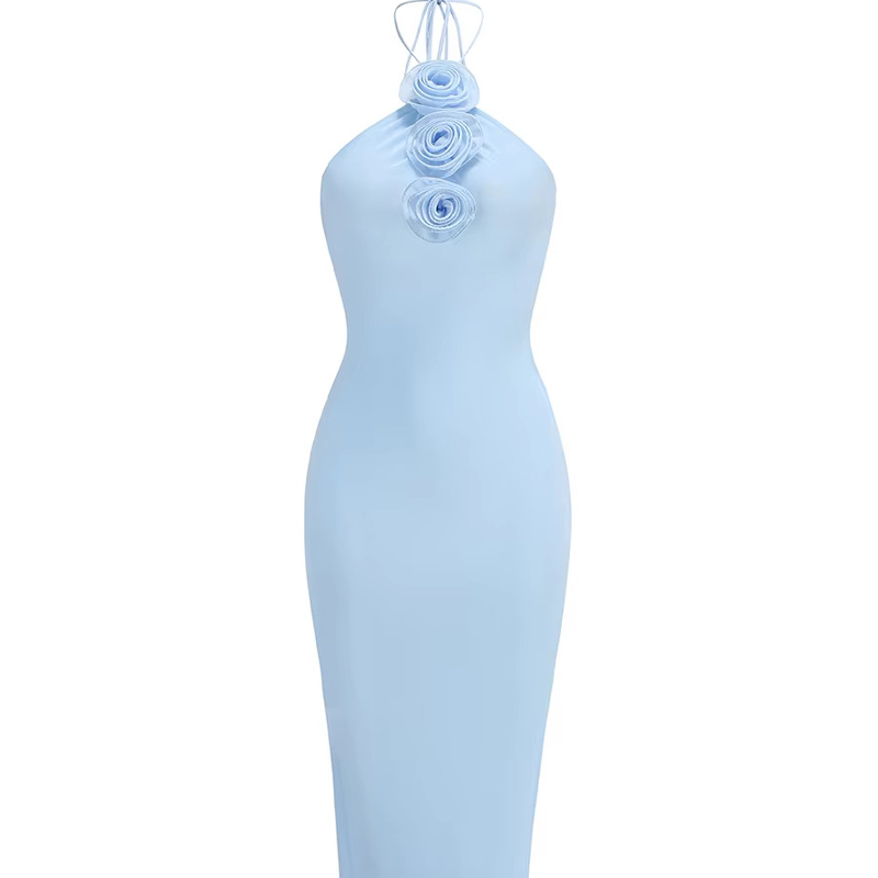 Blue Mesh Women's Party Dress with Floral Strapless Sleeveless Dance Evening Gown Tight Bodycon Dress No Print Method