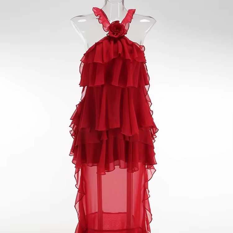 Kimshein Red Mesh Party Dress with See-through Design and Customizable Logo Placement
