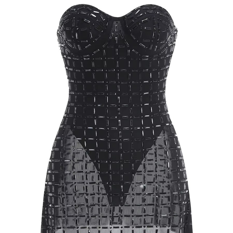 Polyester Mini Length Off-Shoulder Dress with Sheer Mesh and Rhinestone Embellishments Customizable Logo Position SB3445