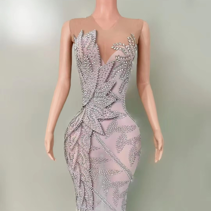 None AD2469 Fashionable and Sexy Handmade Beaded Dress Luxurious Elegant Summer White Crystal Floral Dress for Women