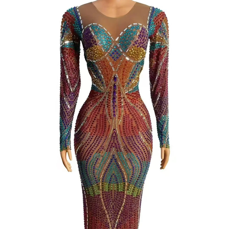 Kimshein AD2457 Maxi Dress Performance with Long Sleeves and Handmade Crystal Evening Gown in Other Fashionable Elements