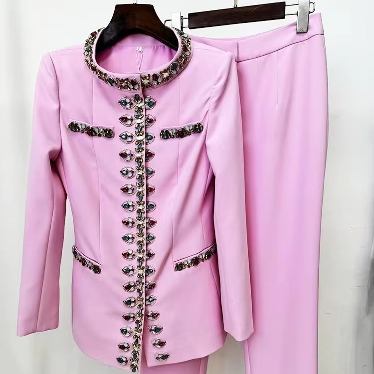 kimsheinfashion SR2386 2-Piece Luxurious Women's Spring Suit Set with Office Formal Wear and End Water Diamond Long Suit