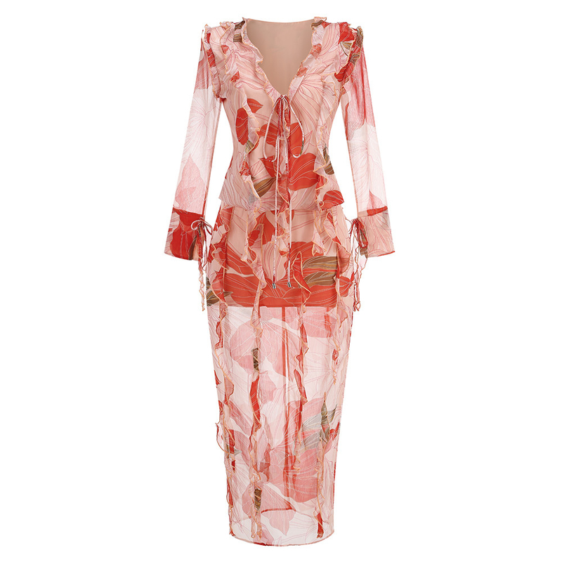 SR2366 Summer Women's Floral Mesh Long Sleeve Two-Piece Set with Ruffled Hem Girls' TOP