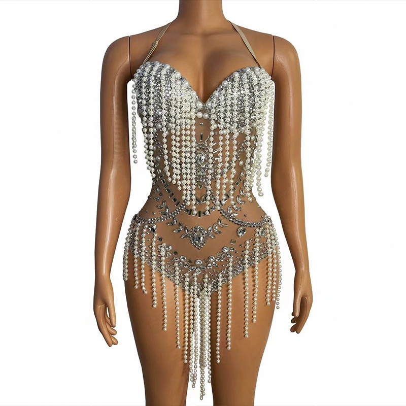 Guangdong Produced Embroidered Women's Stage Dress with Pearl Long Tassel Crystal See-through Dress Exotic Dance Costume