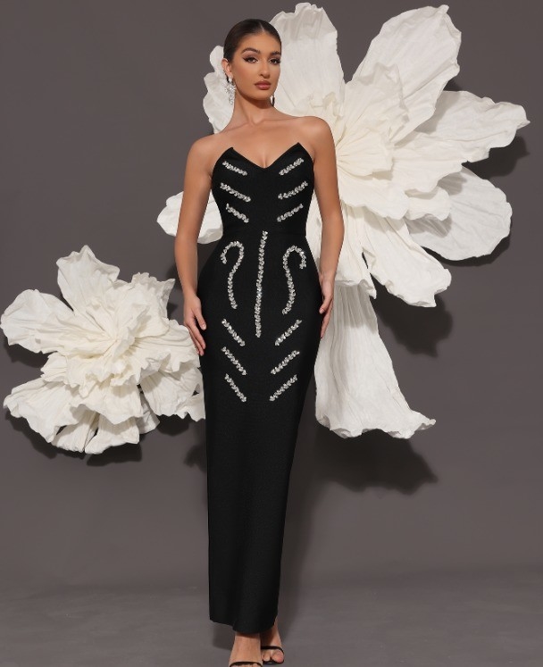 SB3425 Summer Women's Sleeveless Long Strapless Rhinestone Bandage Dress Straight Knife Skirt Customizable Logo Design