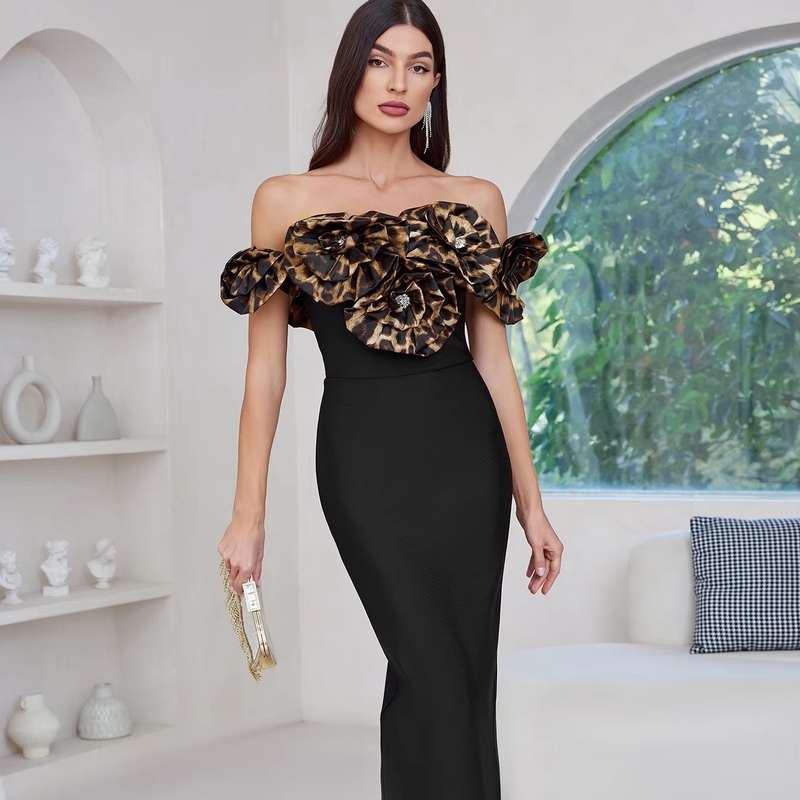 Summer Women's Sexy Maxi Dress Leopard 3D Flower Fashion Evening Dress Bandage Bodycon Dress Tight Dress with Custom Logo